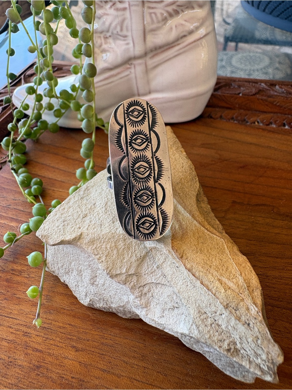 Sterling Silver Oval Statement Ring - Evil Eye Hand Stamped Lucky8 925